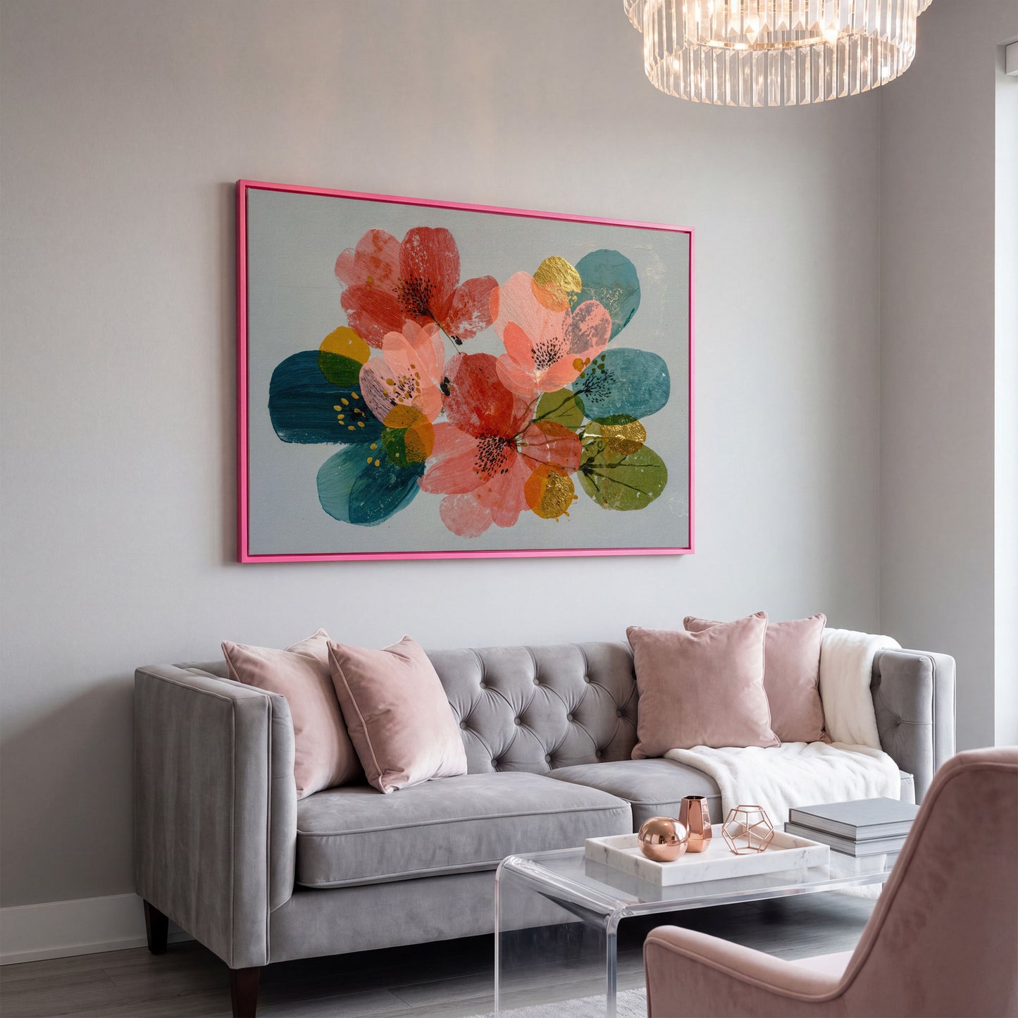 Stylized Poppies and Abstract Leaves Floral Canvas Art in pink floating frame