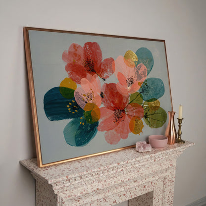 Stylized Poppies and Abstract Leaves Floral Canvas Art in rose gold floating frame