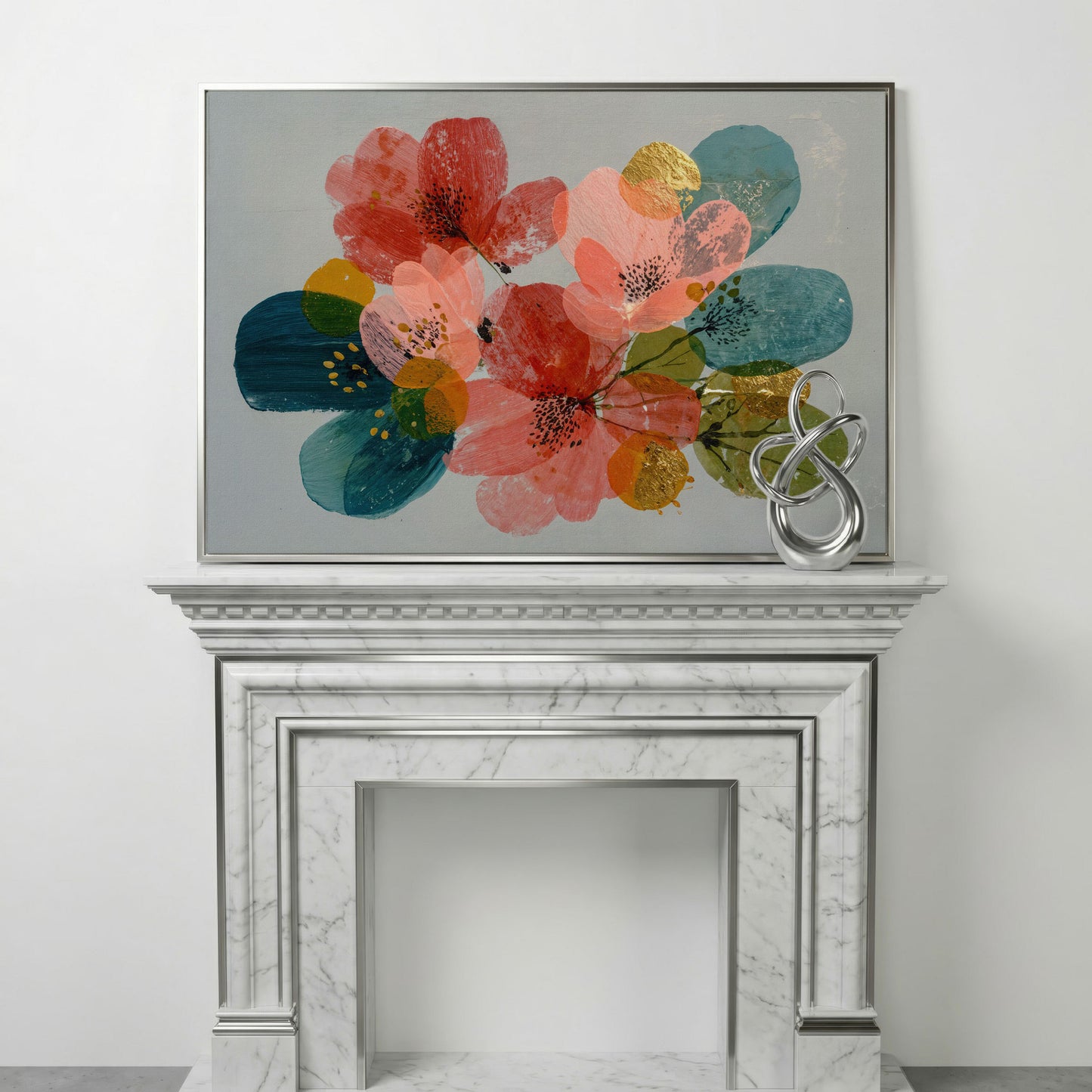 Stylized Poppies and Abstract Leaves Floral Canvas Art in silver floating frame