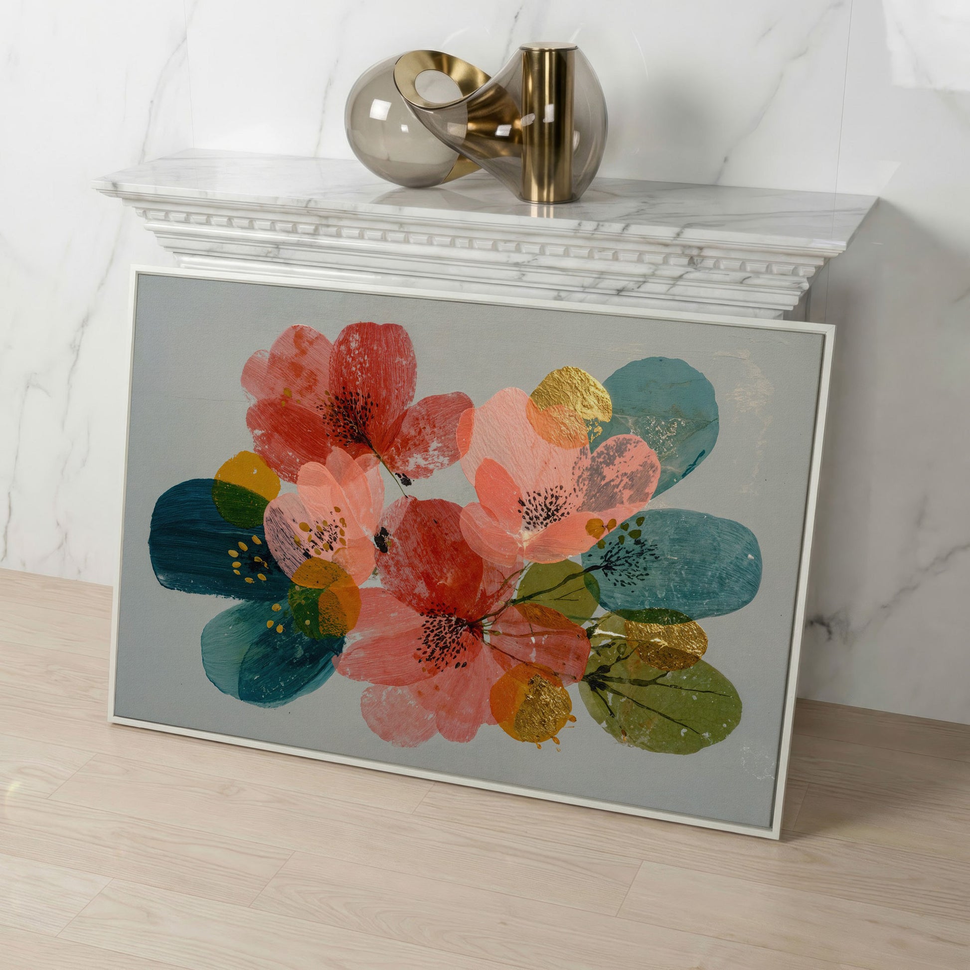Stylized Poppies and Abstract Leaves Floral Canvas Art in white floating frame