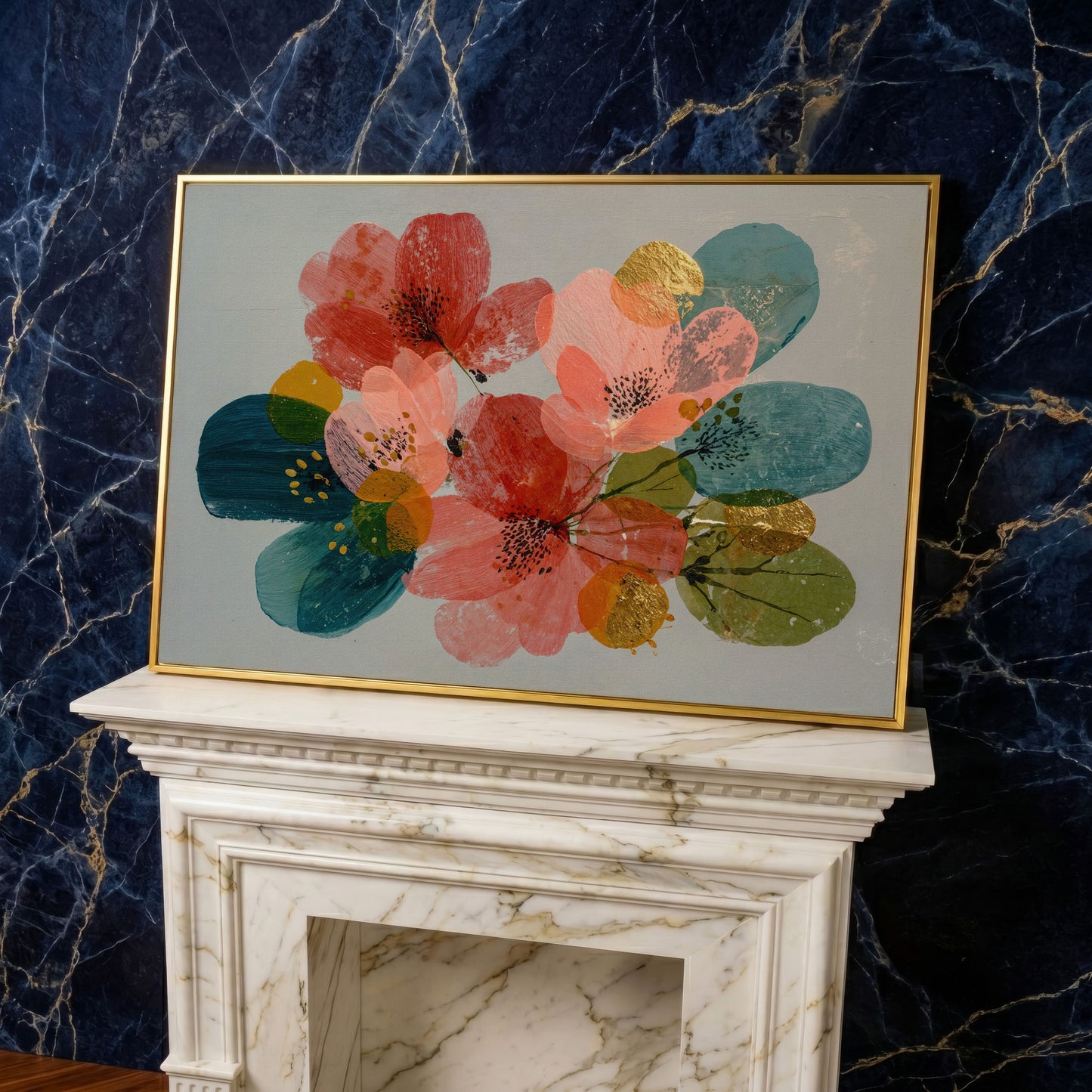 Stylized Poppies and Abstract Leaves Floral Canvas Art in yellow gold floating frame