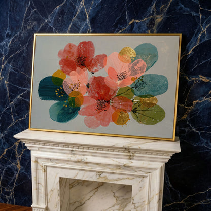 Stylized Poppies and Abstract Leaves Floral Canvas Art in yellow gold floating frame