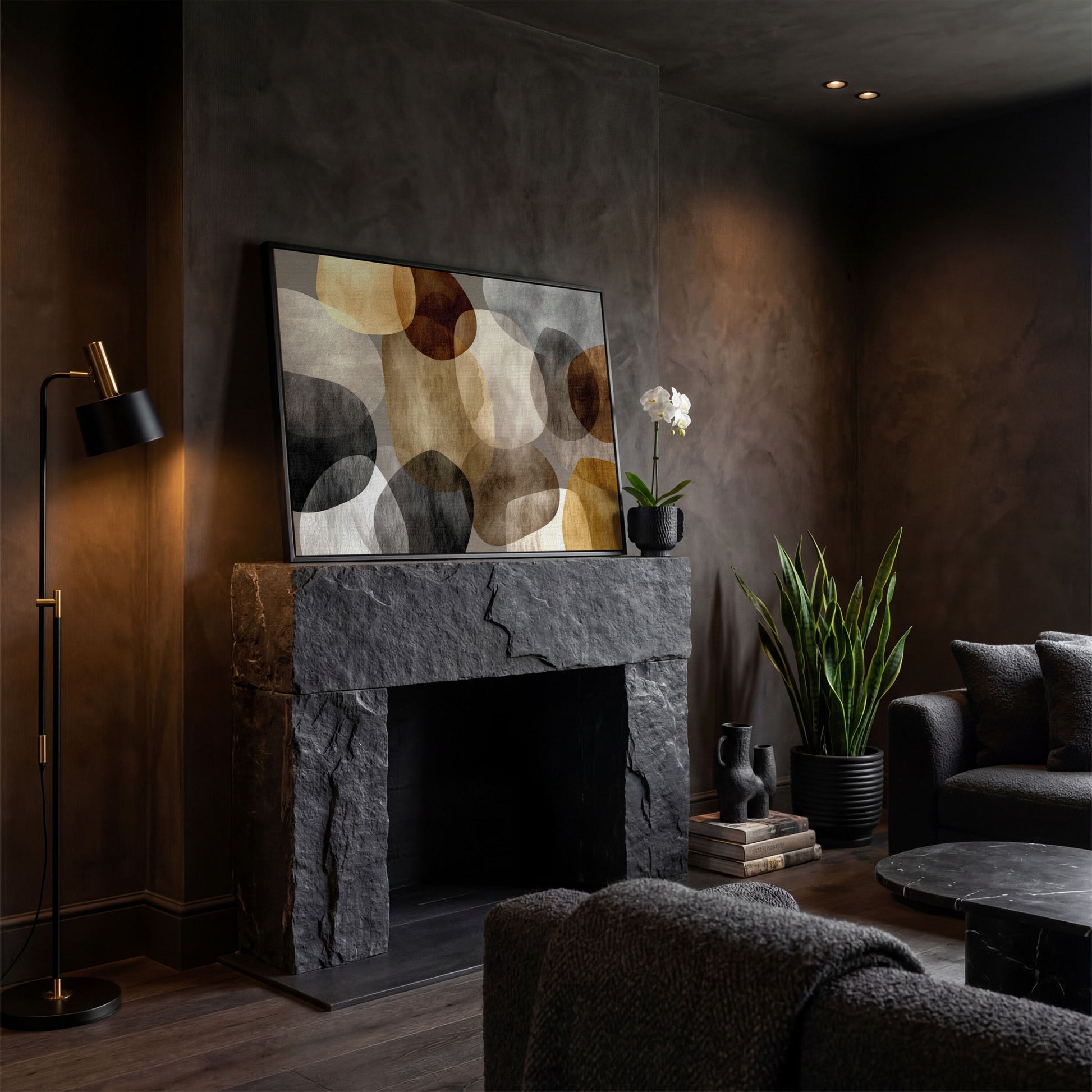 Abstract Organic Shapes Canvas Art in Earth Tones in black floating frame