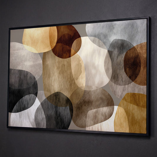 Abstract Organic Shapes Canvas Art in Earth Tones shown in black floating frame