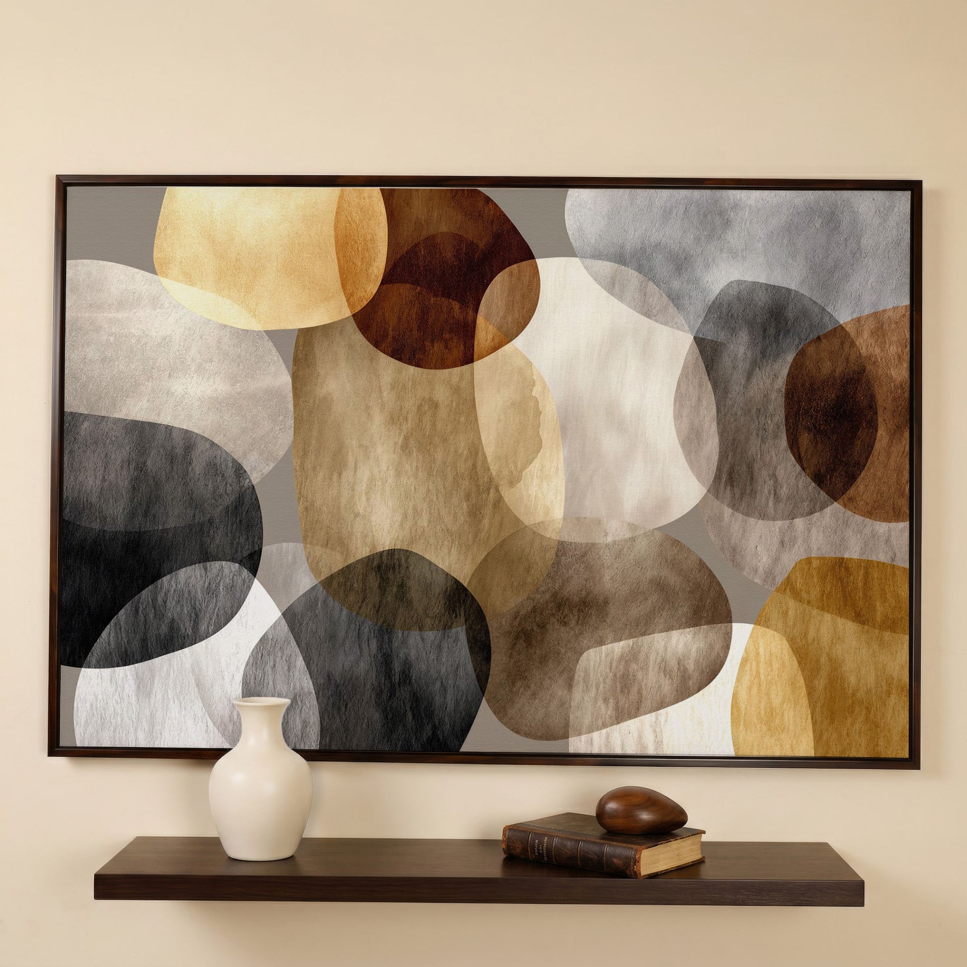Abstract Organic Shapes Canvas Art in Earth Tones in dark walnut floating frame