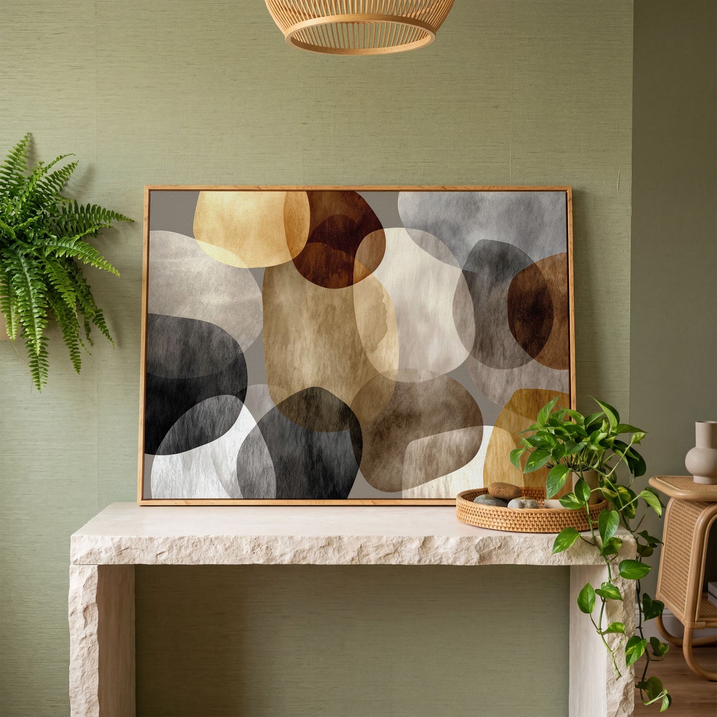 Abstract Organic Shapes Canvas Art in Earth Tones in white oak floating frame