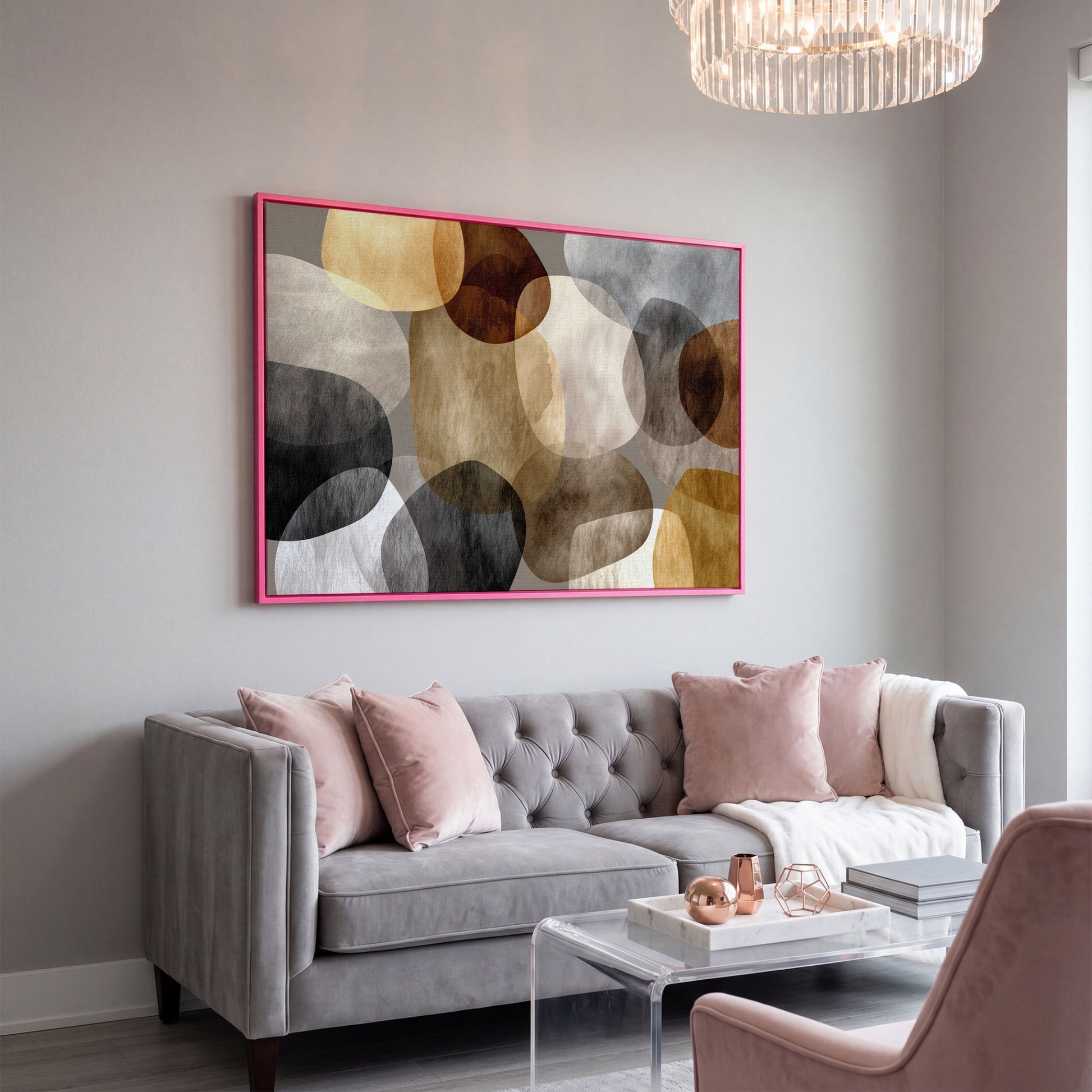 Abstract Organic Shapes Canvas Art in Earth Tones in pink floating frame