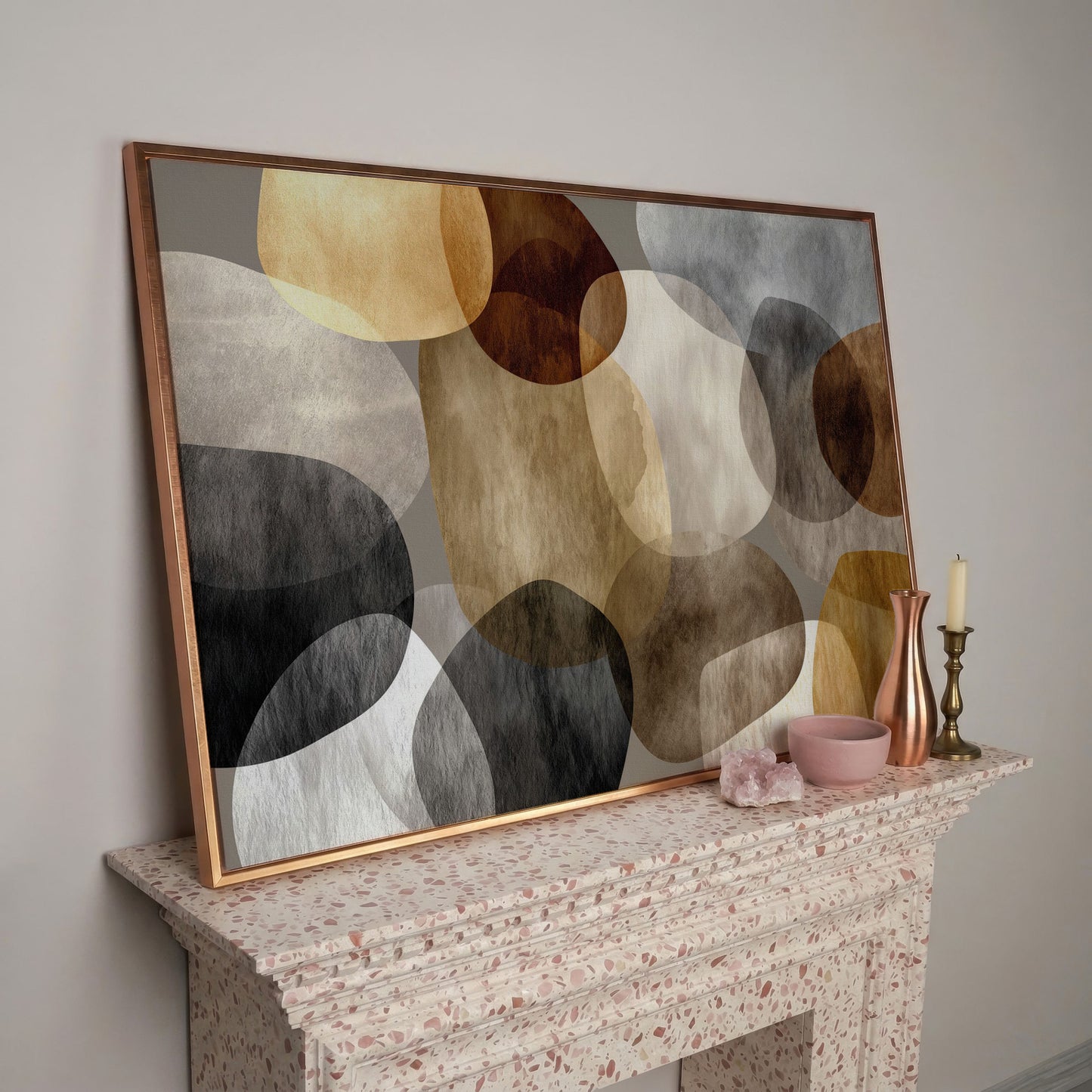 Abstract Organic Shapes Canvas Art in Earth Tones in rose gold floating frame