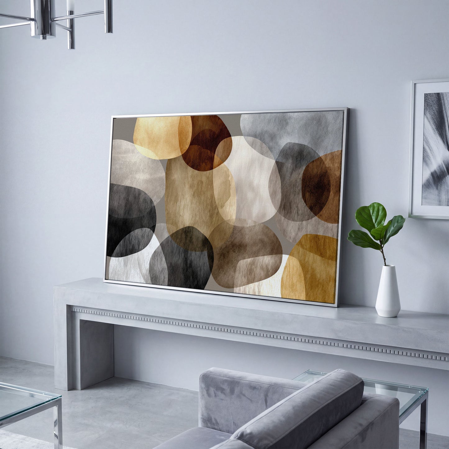 Abstract Organic Shapes Canvas Art in Earth Tones in silver floating frame