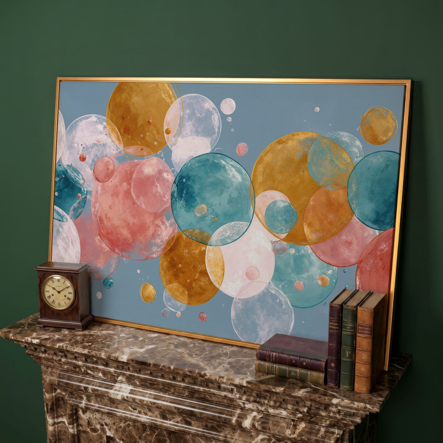 Floating Spheres Abstract Canvas Art, Soft Pastel Bubbles in antique gold floating frame