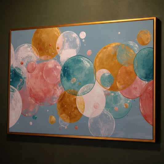 Floating Spheres Abstract Canvas Art, Soft Pastel Bubbles shown in antique gold floating frame