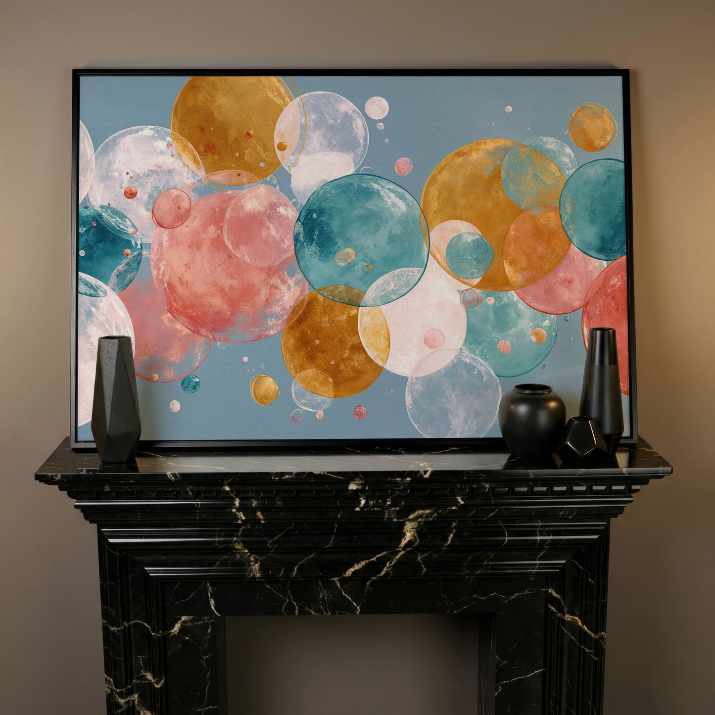 Floating Spheres Abstract Canvas Art, Soft Pastel Bubbles in black floating frame