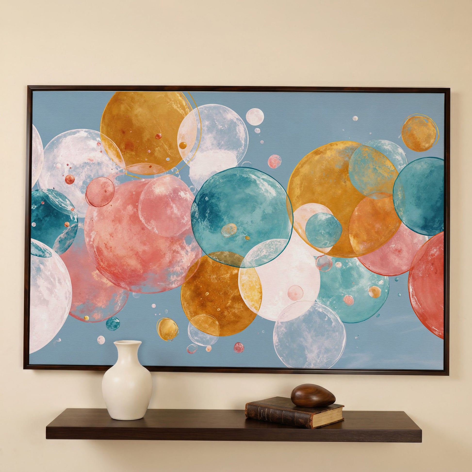 Floating Spheres Abstract Canvas Art, Soft Pastel Bubbles in dark walnut floating frame
