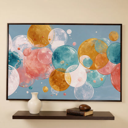 Floating Spheres Abstract Canvas Art, Soft Pastel Bubbles in dark walnut floating frame