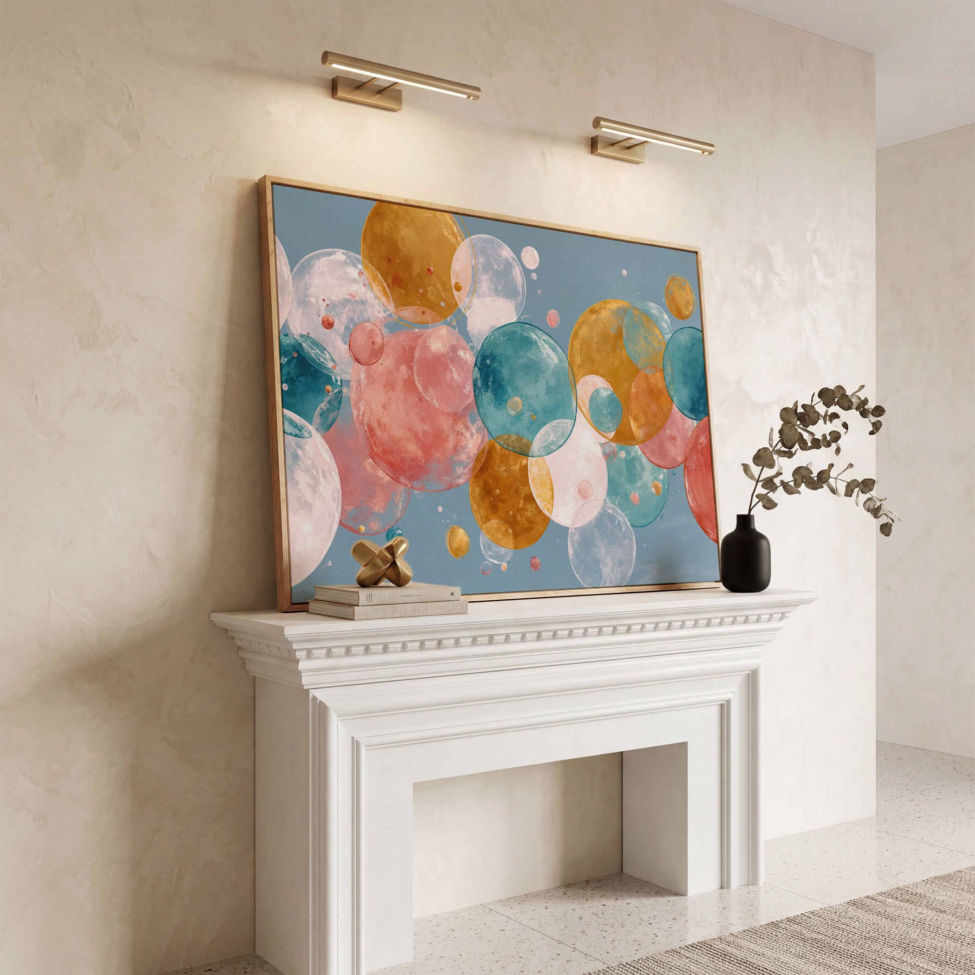 Floating Spheres Abstract Canvas Art, Soft Pastel Bubbles in white oak floating frame
