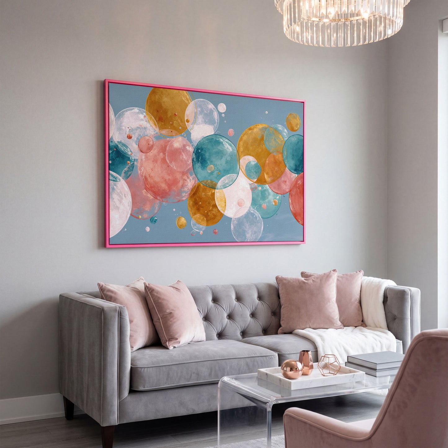 Floating Spheres Abstract Canvas Art, Soft Pastel Bubbles in pink floating frame