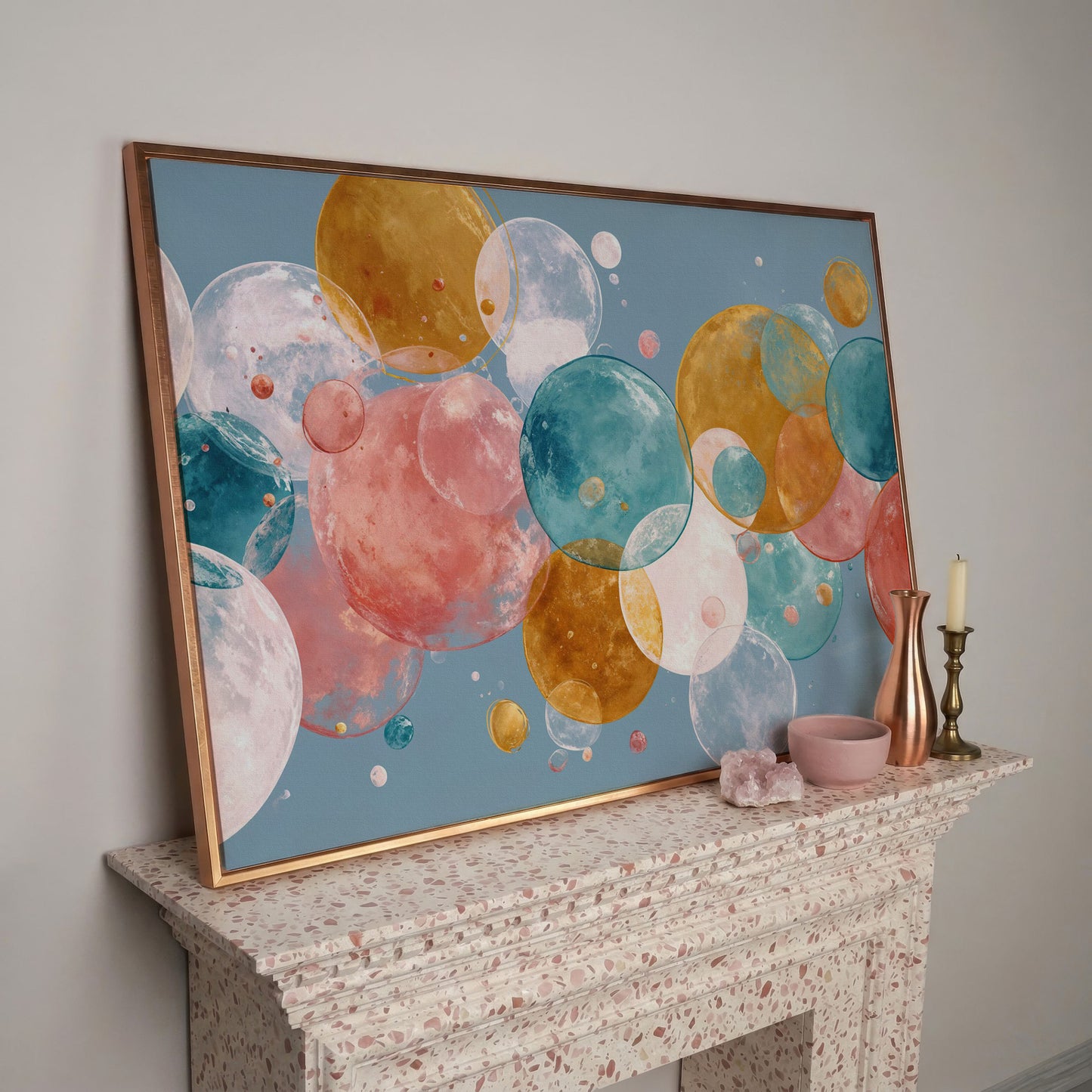 Floating Spheres Abstract Canvas Art, Soft Pastel Bubbles in rose gold floating frame
