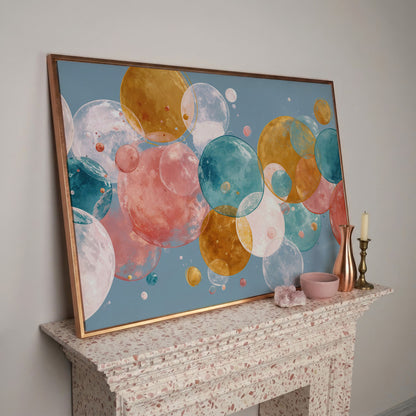 Floating Spheres Abstract Canvas Art, Soft Pastel Bubbles in rose gold floating frame