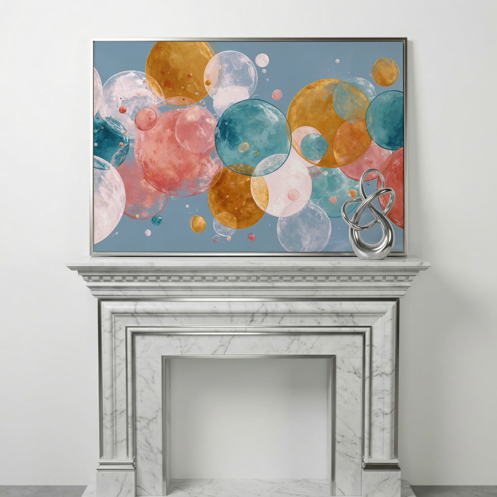 Floating Spheres Abstract Canvas Art, Soft Pastel Bubbles in silver floating frame