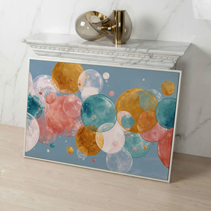 Floating Spheres Abstract Canvas Art, Soft Pastel Bubbles in white floating frame