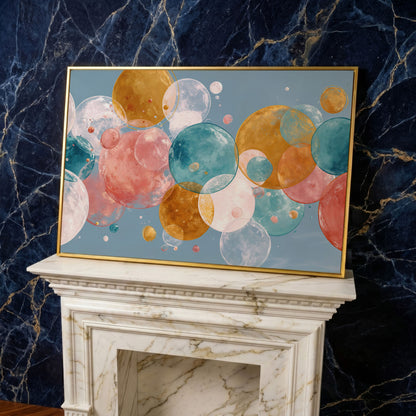 Floating Spheres Abstract Canvas Art, Soft Pastel Bubbles in yellow gold floating frame