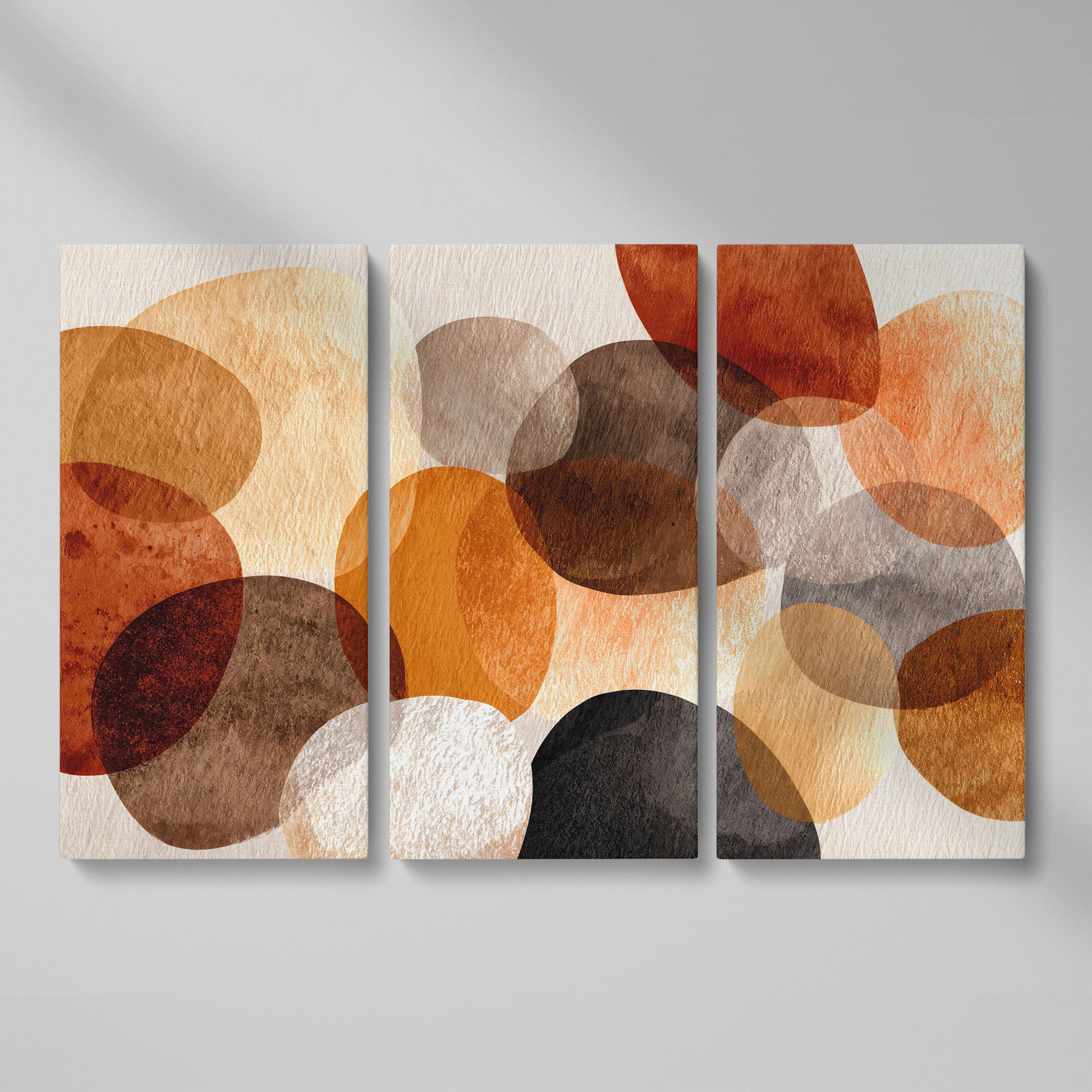 Terracotta and Grey Abstract Circles Canvas Wall Art as 3-panel split version