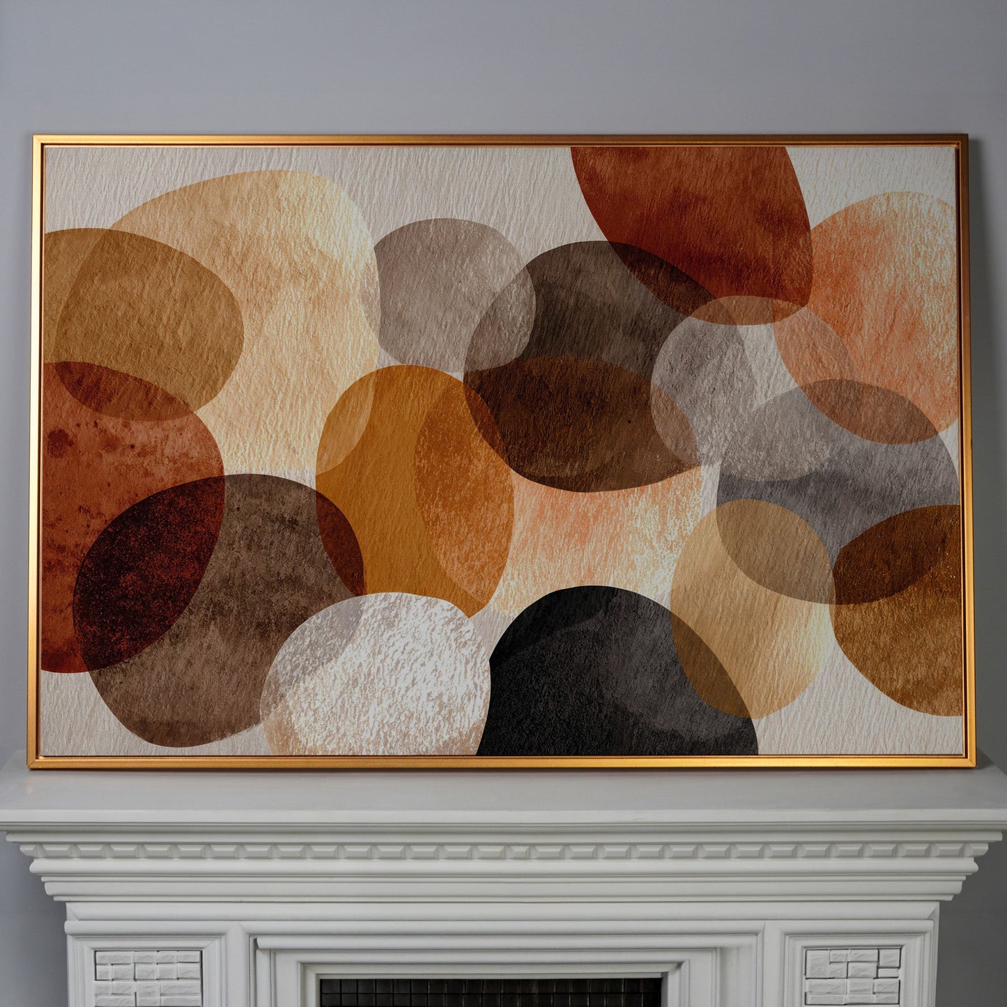 Terracotta and Grey Abstract Circles Canvas Wall Art in antique gold floating frame