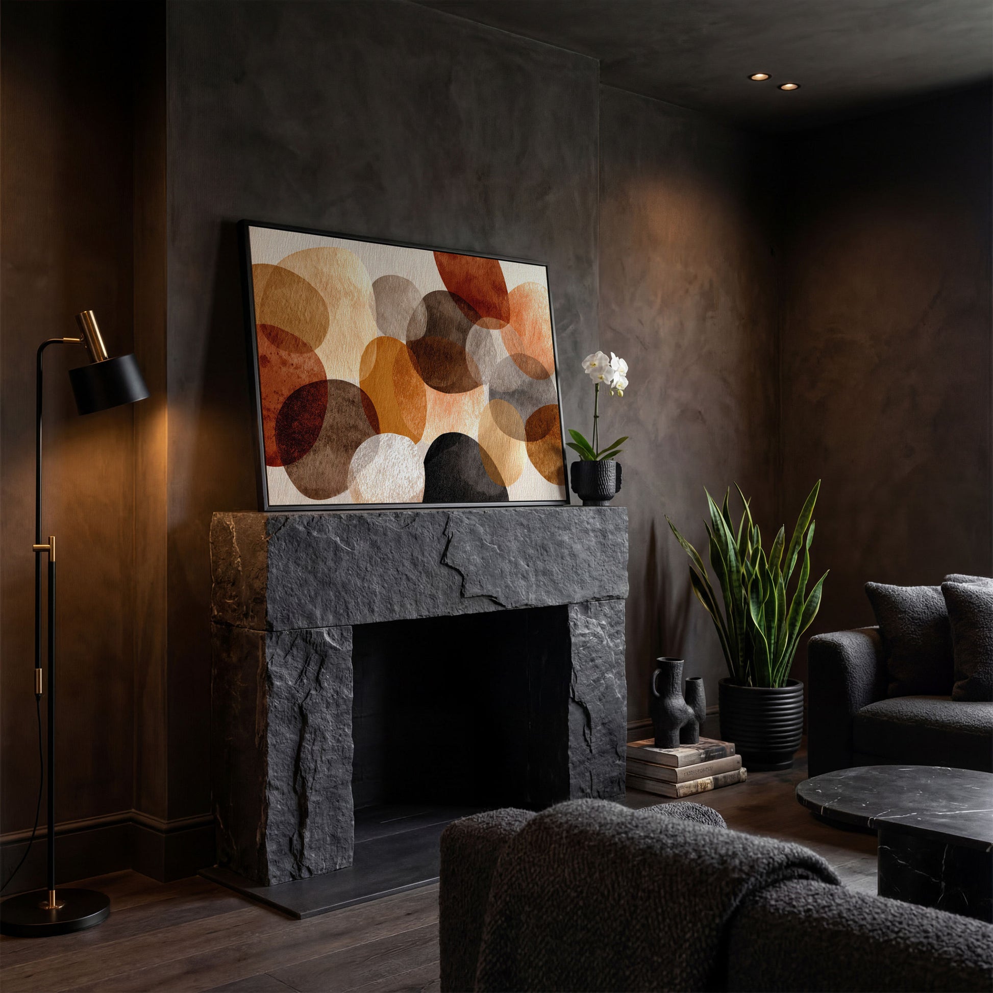 Terracotta and Grey Abstract Circles Canvas Wall Art in black floating frame