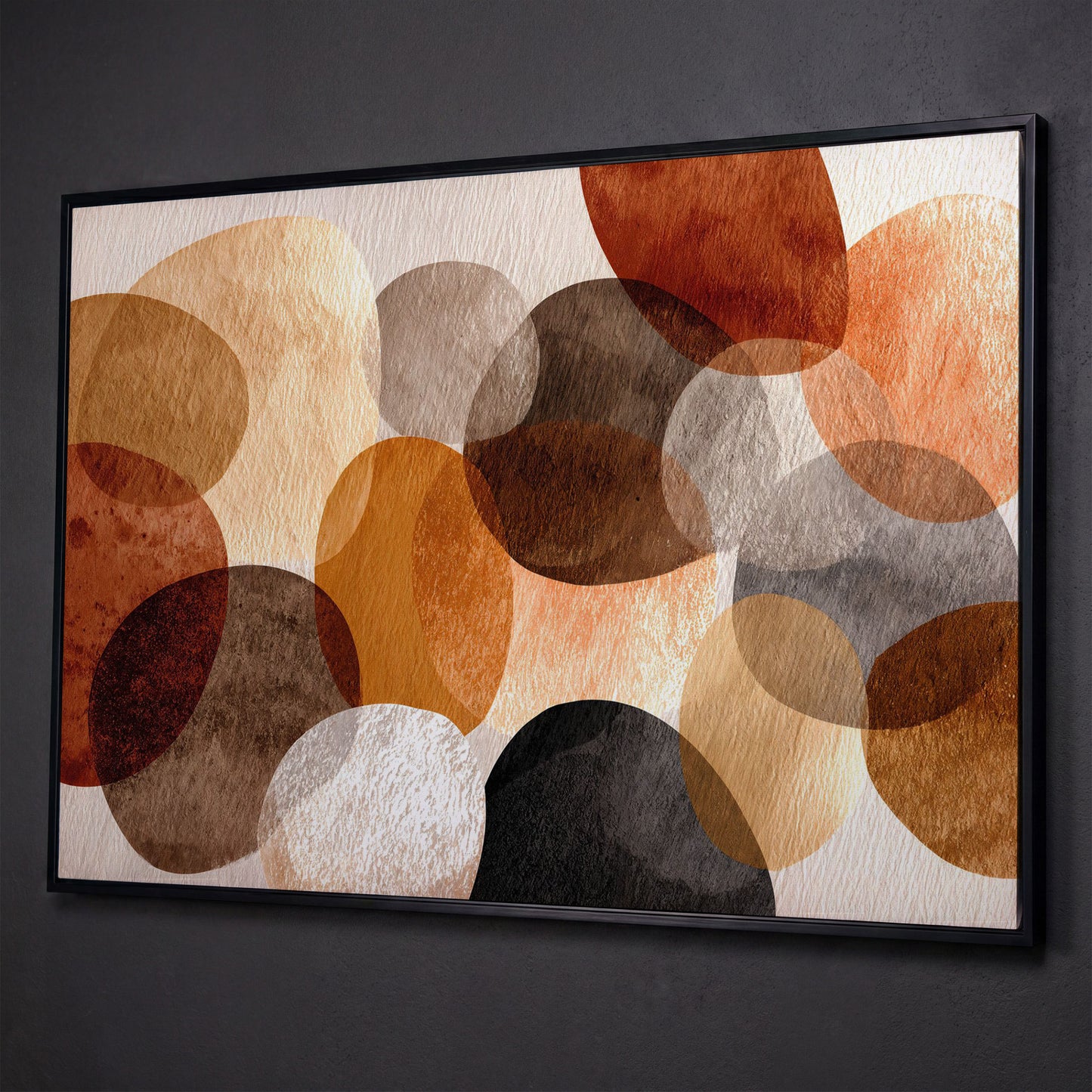 Terracotta and Grey Abstract Circles Canvas Wall Art shown in black floating frame