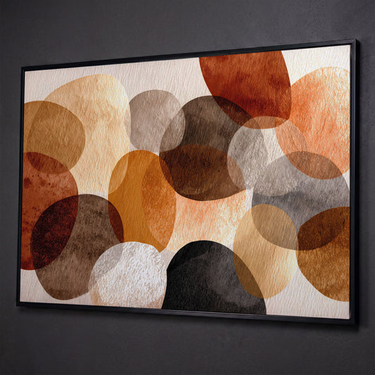 Terracotta and Grey Abstract Circles Canvas Wall Art shown in black floating frame