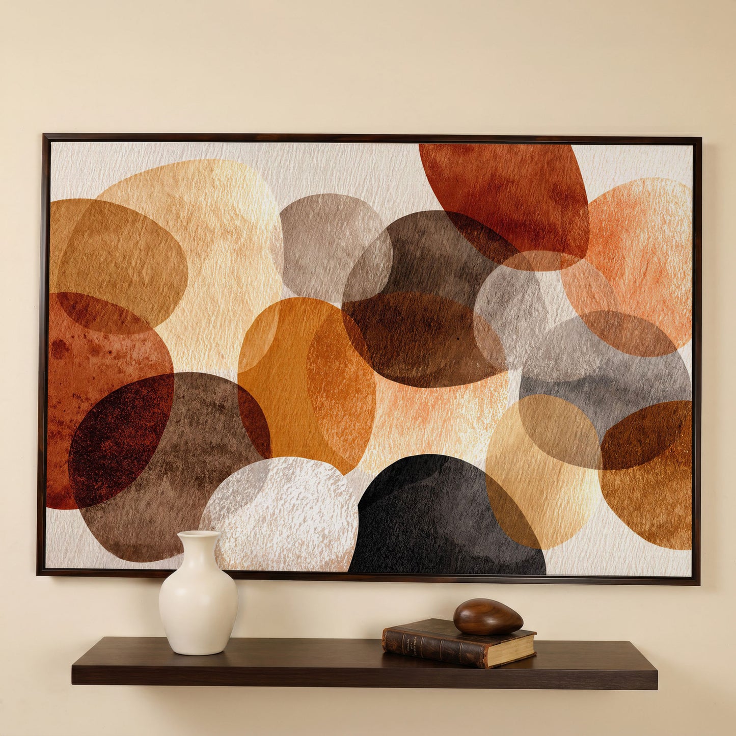 Terracotta and Grey Abstract Circles Canvas Wall Art in dark walnut floating frame