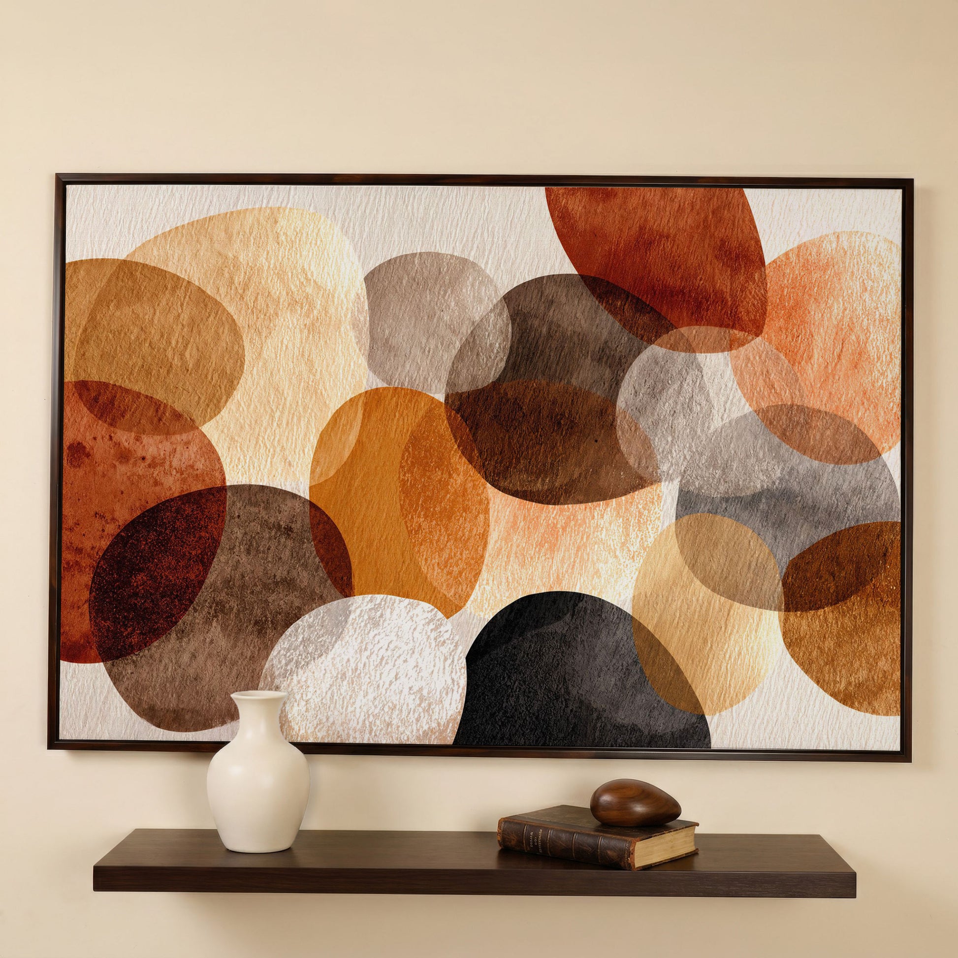 Terracotta and Grey Abstract Circles Canvas Wall Art in dark walnut floating frame