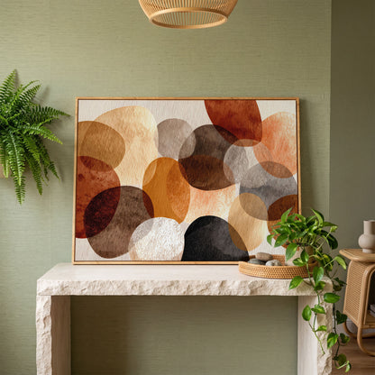Terracotta and Grey Abstract Circles Canvas Wall Art in white oak floating frame