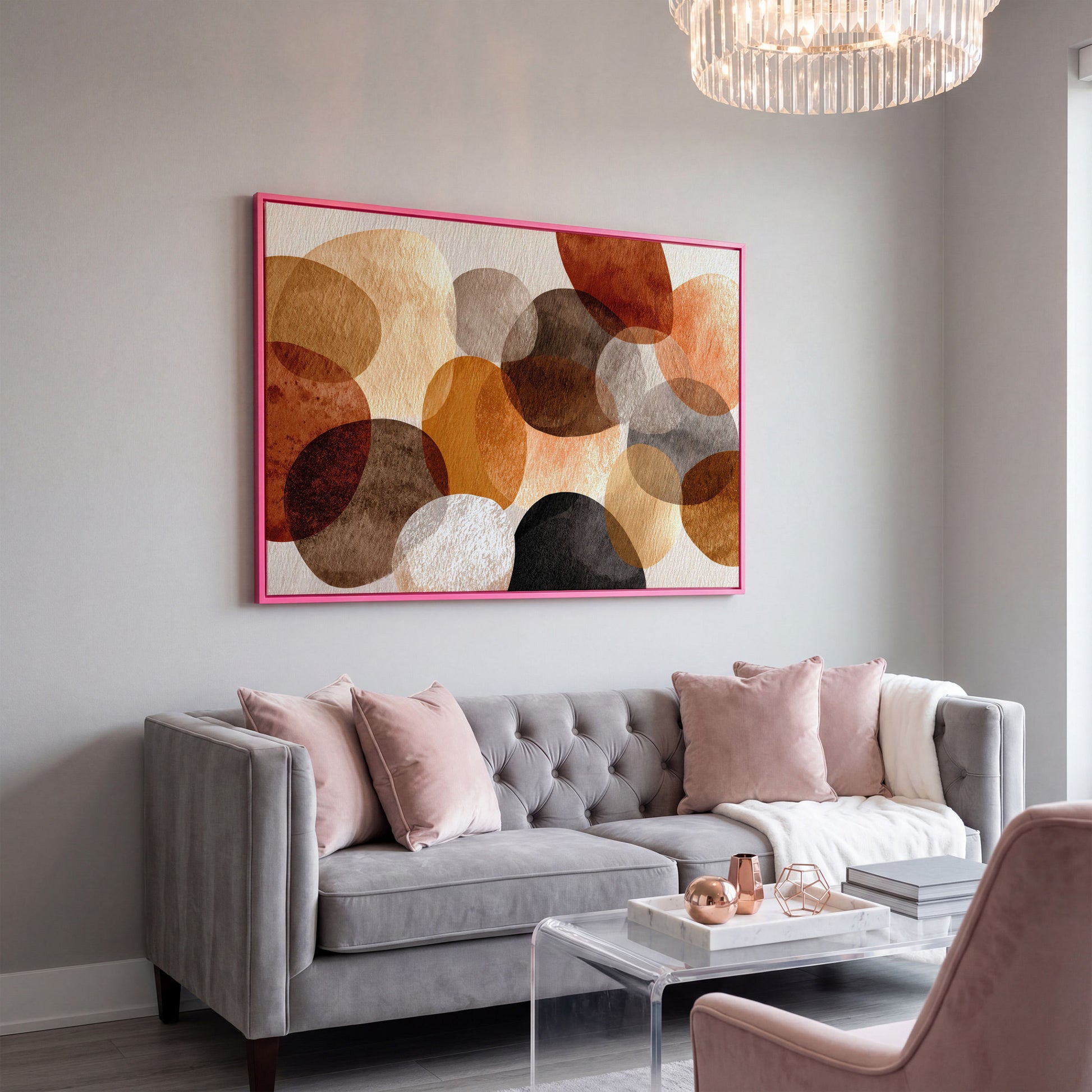 Terracotta and Grey Abstract Circles Canvas Wall Art in pink floating frame