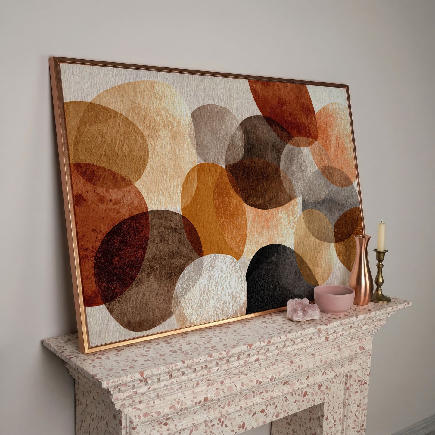 Terracotta and Grey Abstract Circles Canvas Wall Art in rose gold floating frame