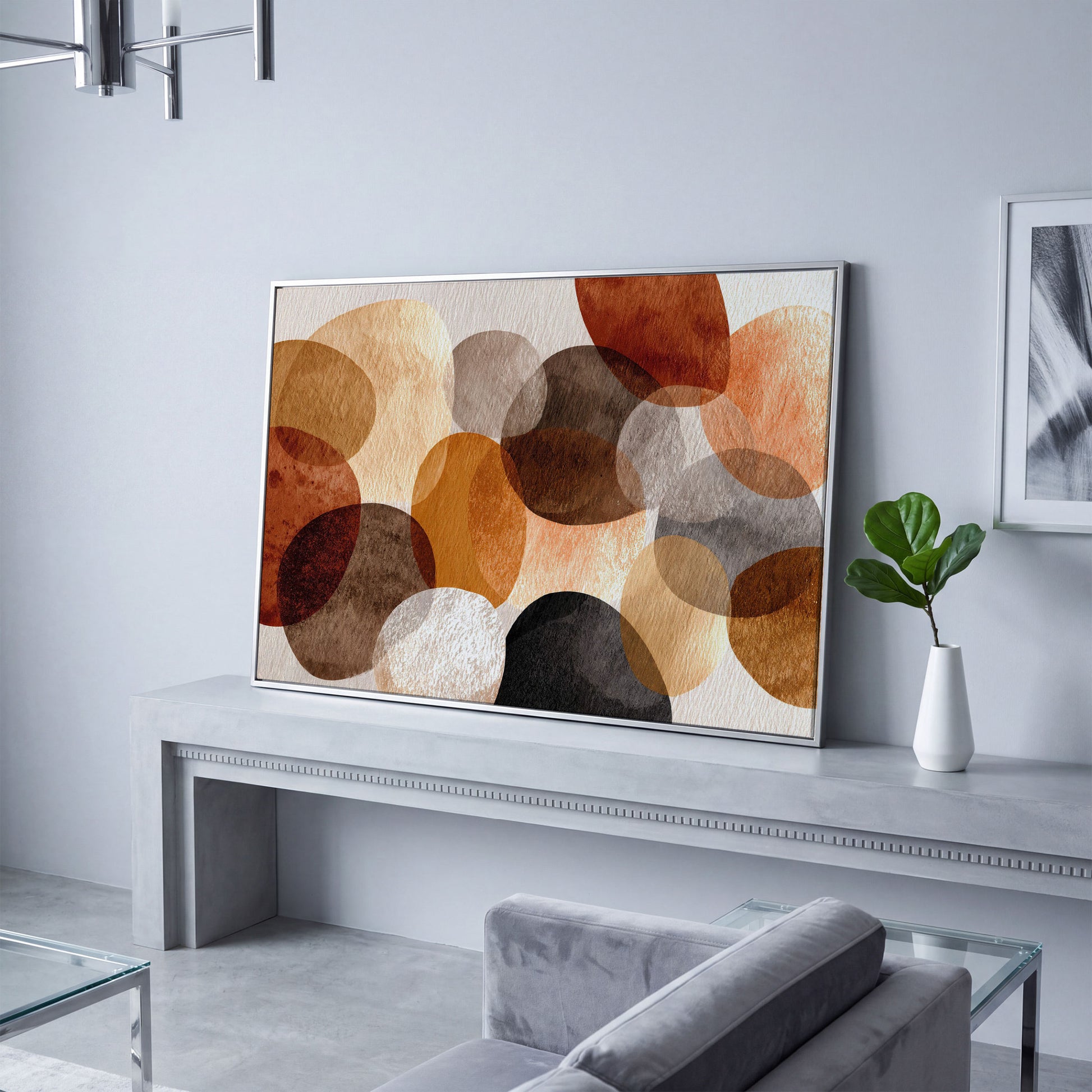 Terracotta and Grey Abstract Circles Canvas Wall Art in silver floating frame