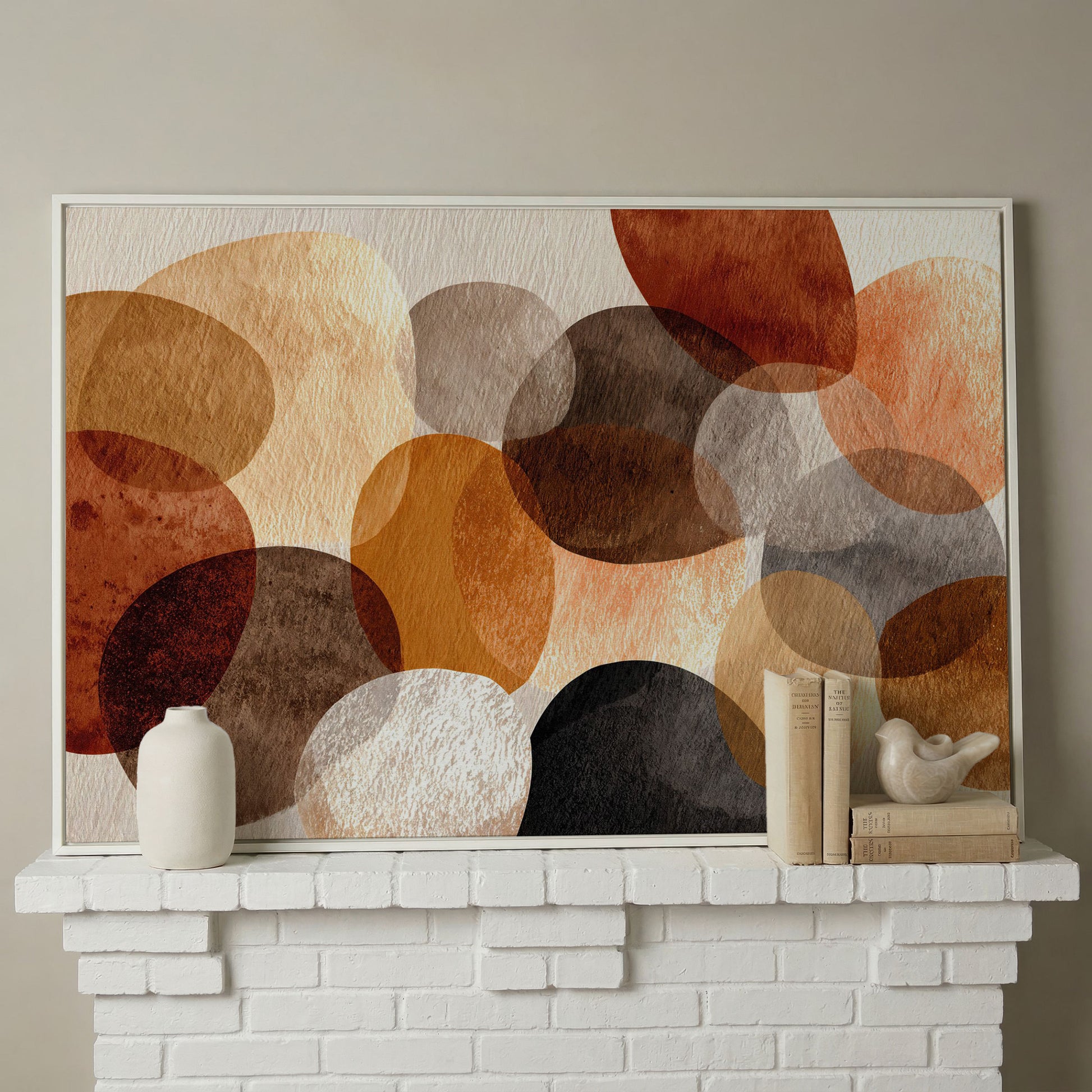 Terracotta and Grey Abstract Circles Canvas Wall Art in white floating frame