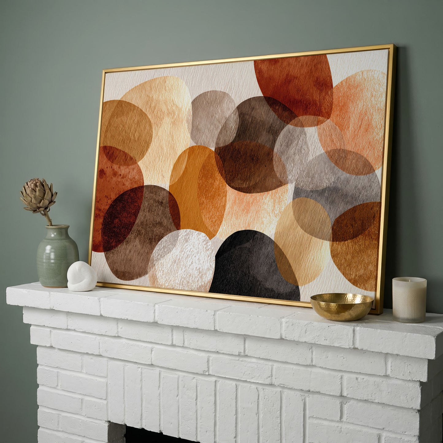 Terracotta and Grey Abstract Circles Canvas Wall Art in yellow gold floating frame