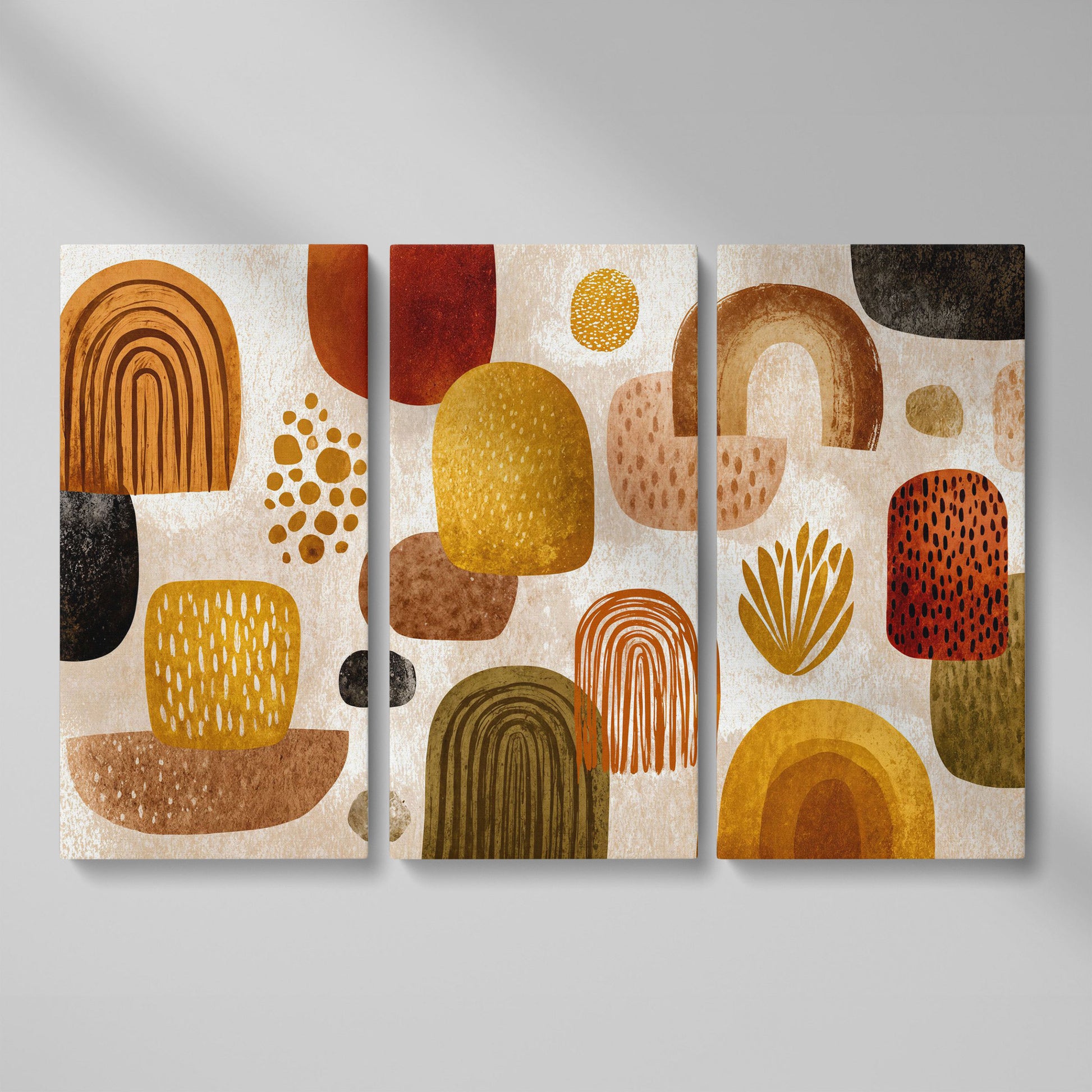 Arch and Circle Abstract Canvas Art in Earth Tones as 3-panel split version