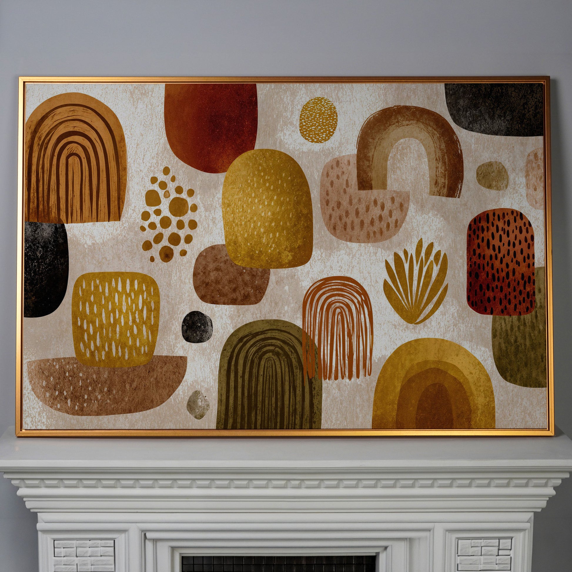 Arch and Circle Abstract Canvas Art in Earth Tones in antique gold floating frame
