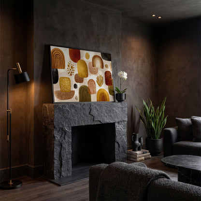 Arch and Circle Abstract Canvas Art in Earth Tones in black floating frame