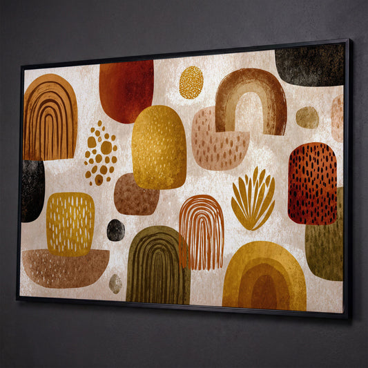 Arch and Circle Abstract Canvas Art in Earth Tones shown in black floating frame