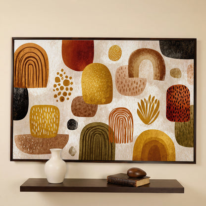 Arch and Circle Abstract Canvas Art in Earth Tones in dark walnut floating frame