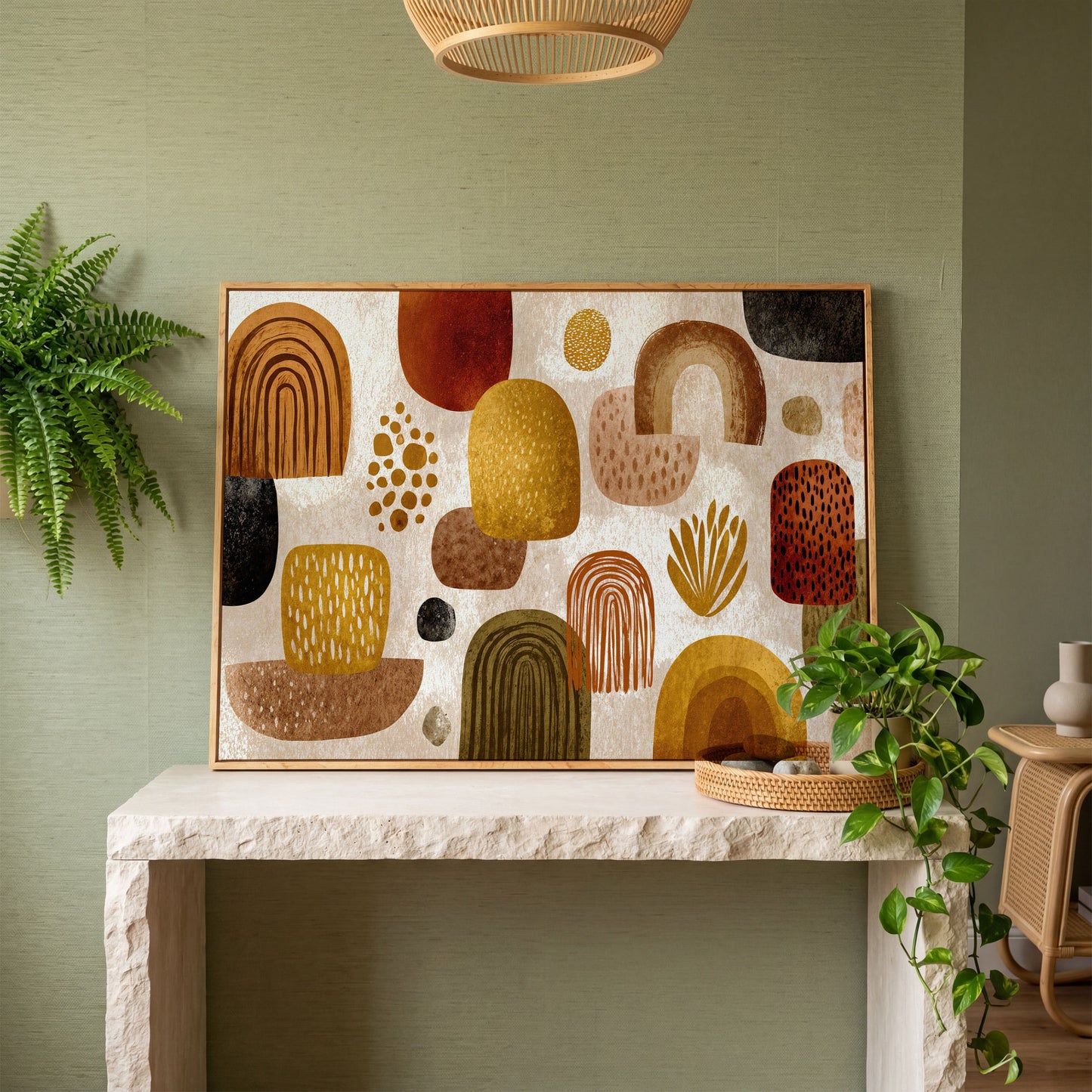 Arch and Circle Abstract Canvas Art in Earth Tones in white oak floating frame