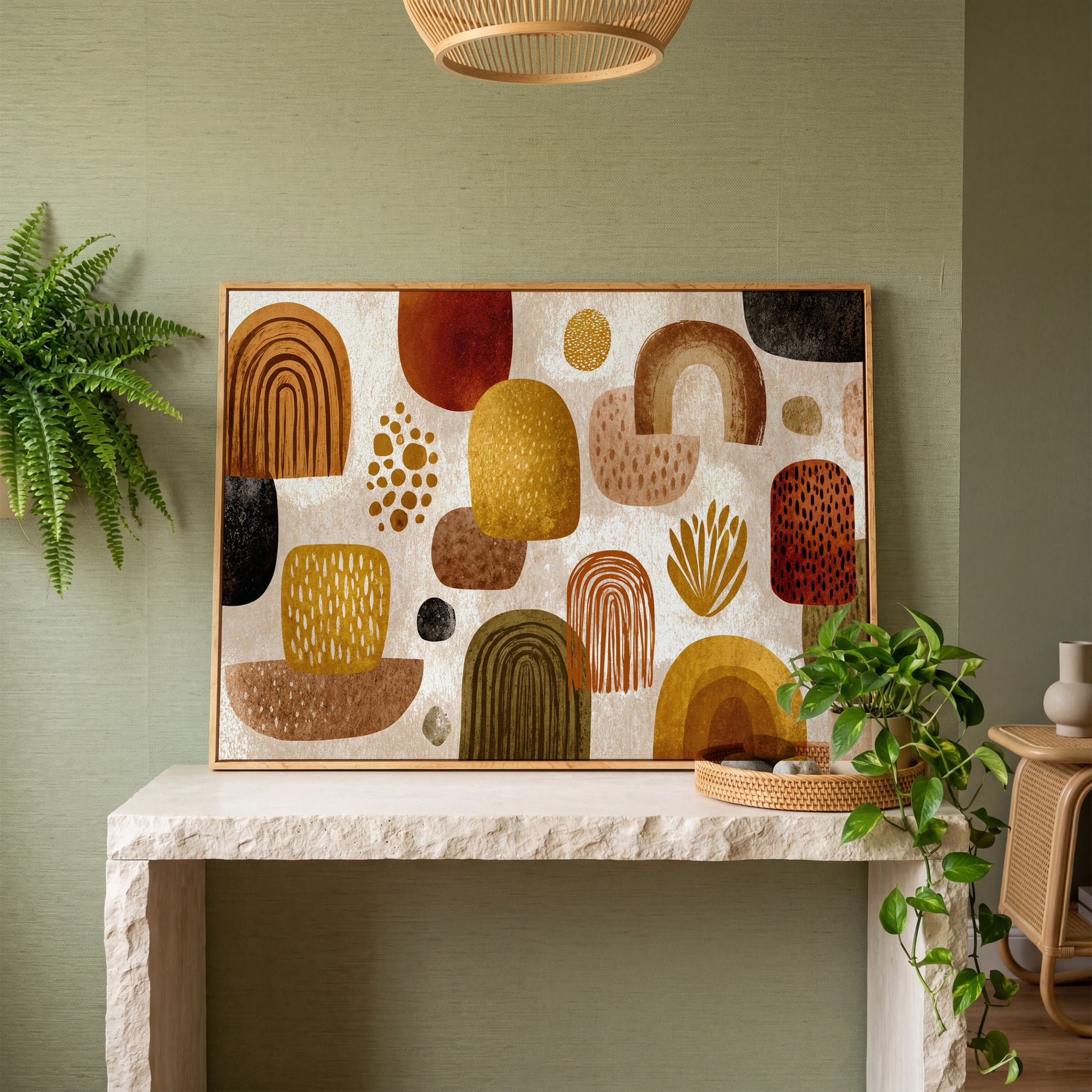 Arch and Circle Abstract Canvas Art in Earth Tones in white oak floating frame