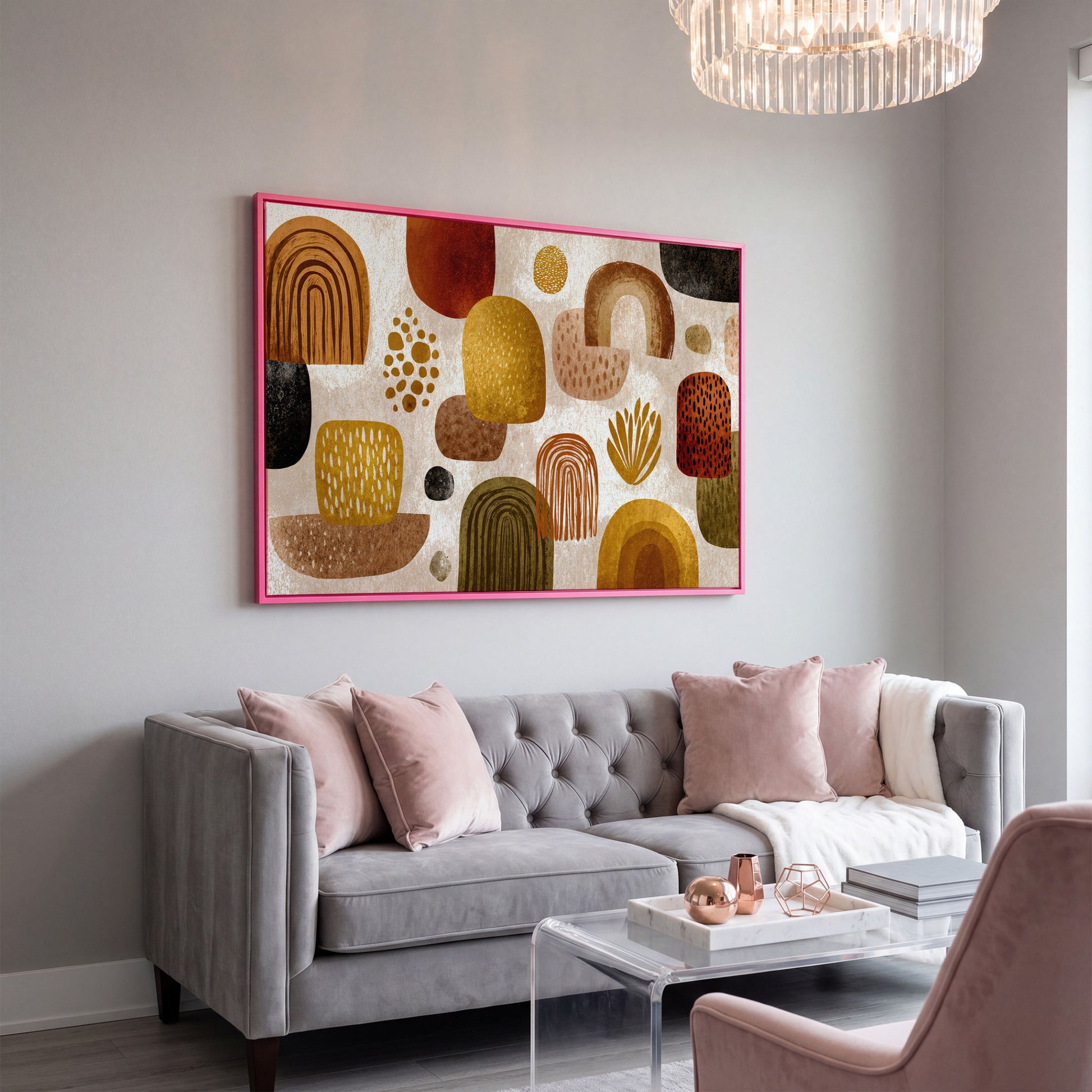 Arch and Circle Abstract Canvas Art in Earth Tones in pink floating frame