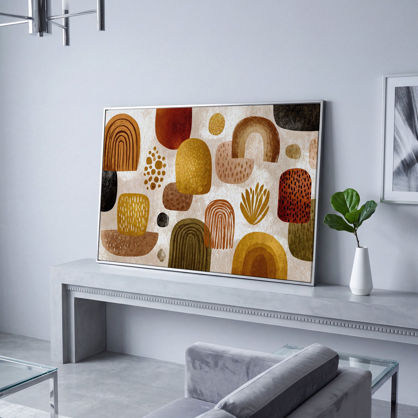 Arch and Circle Abstract Canvas Art in Earth Tones in silver floating frame