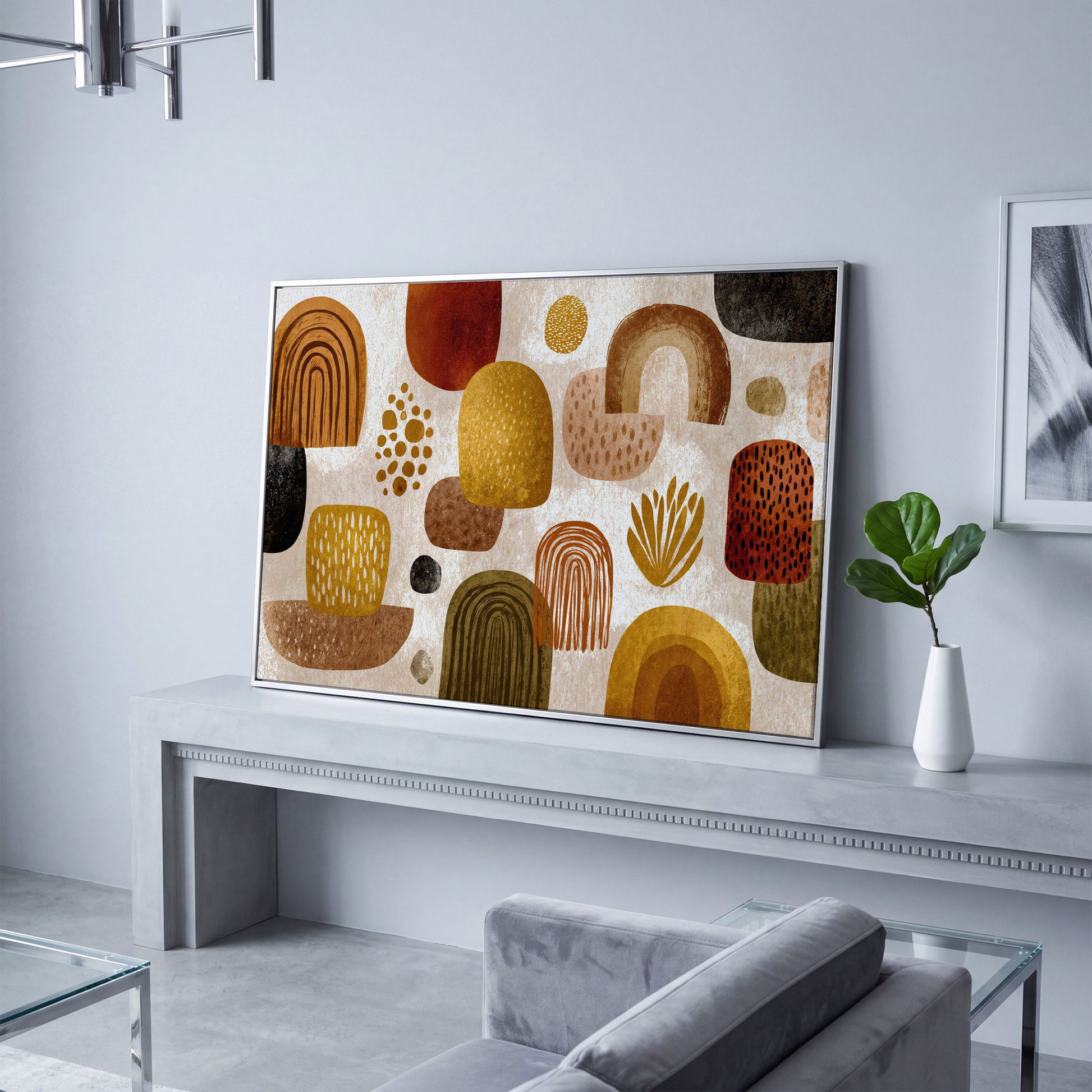 Arch and Circle Abstract Canvas Art in Earth Tones in silver floating frame