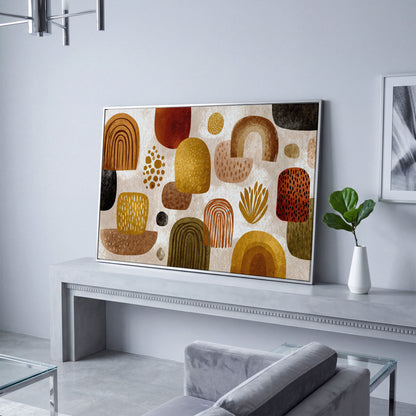 Arch and Circle Abstract Canvas Art in Earth Tones in silver floating frame