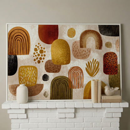 Arch and Circle Abstract Canvas Art in Earth Tones in white floating frame